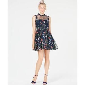 City Studios Juniors Navy Floral-Embroidered Fit Flare Dress Size 9